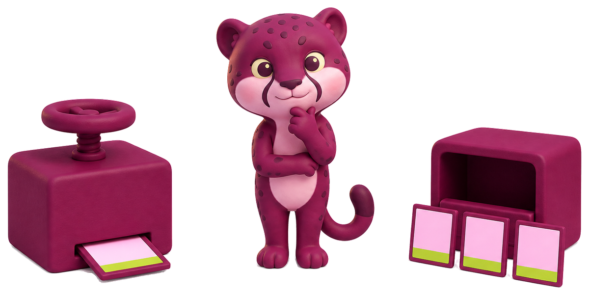The mascot deciding between a press that flattens one picture once and a counter that hands out a light copy to each visitor